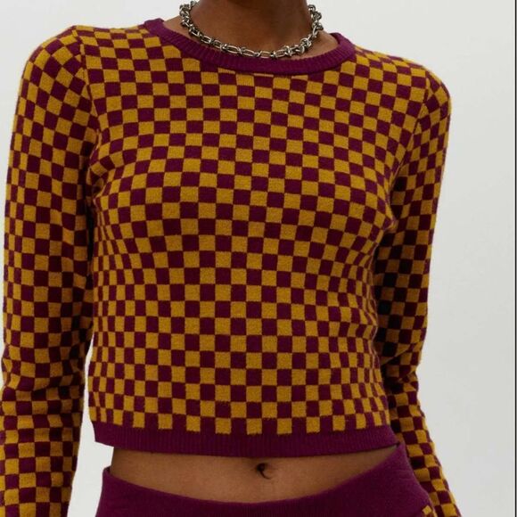 Daydreamer Fig Check Fitted Pullover Sweater New XS‎ - Picture 1 of 11